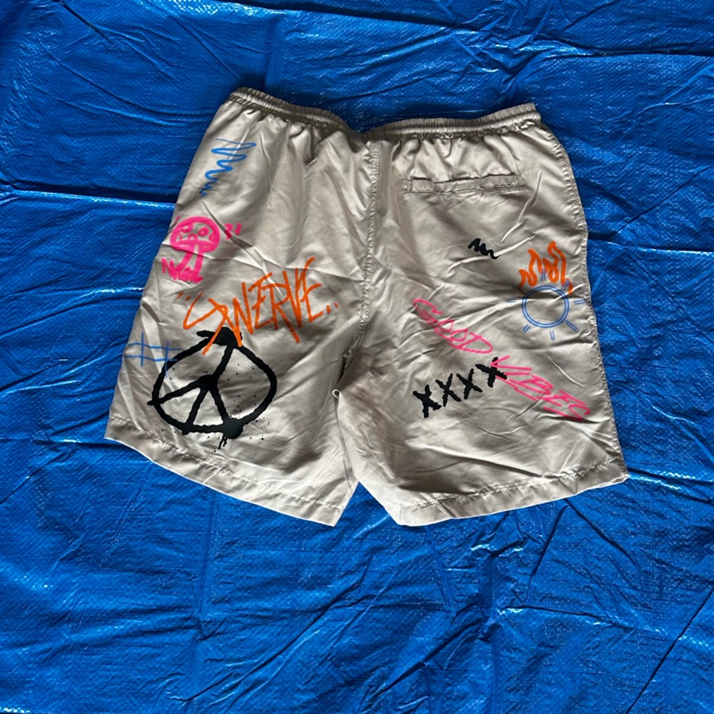 Graffiti Beige/Cream Shorts, Small adjustable waist length (athletic/running)
